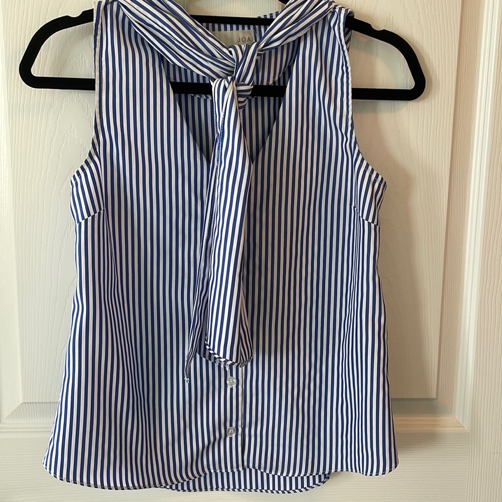 J.O.A Sleeveless Front Neck Tie Pinstripe Blouse